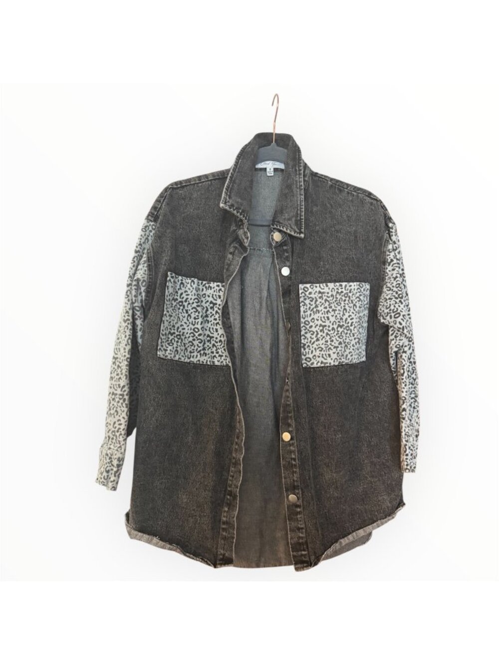 Cloud Ten Womens M Black Denim Shacket Leopard Print Oversized Button Up Jacket